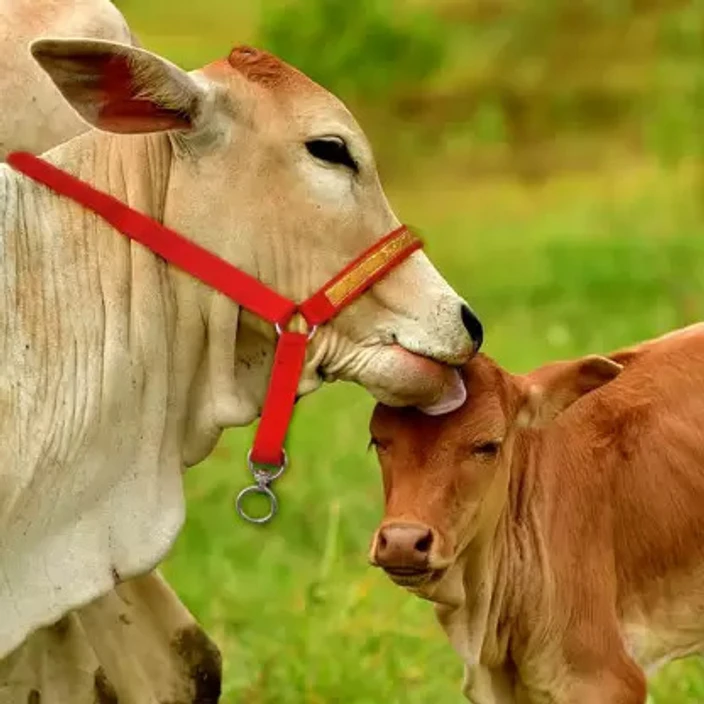 A serene cow grazing peacefully.